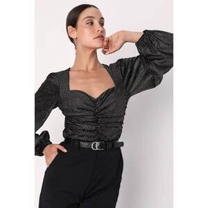 Lulus Splendid Shine Black Sparkly Velvet Ruched Long Sleeve Top - Size L